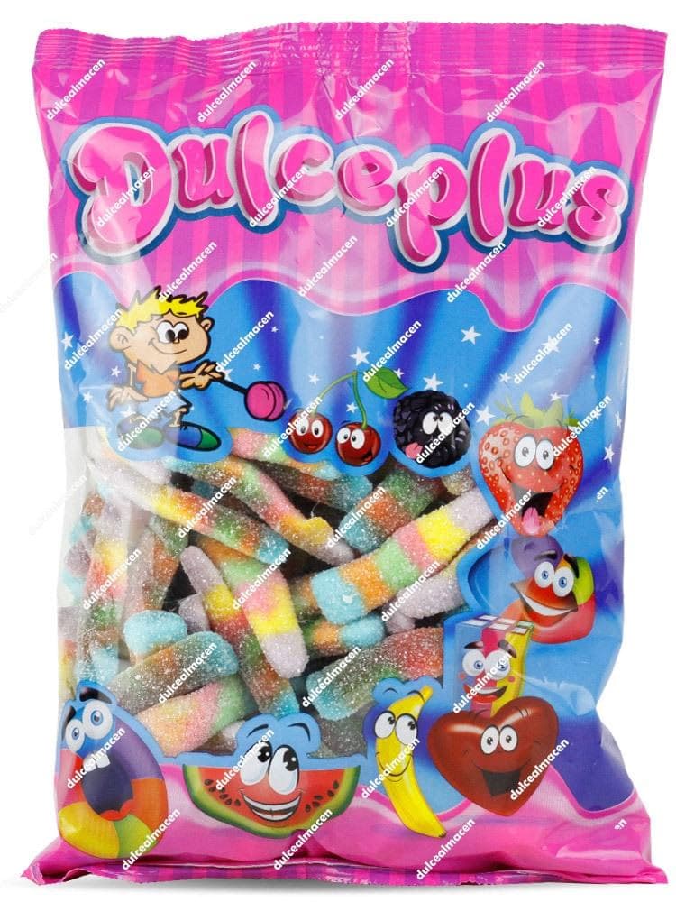 Bolsa de 1 kg de gominolas con forma de botella multicolor y recubrimiento de azúcar ácido pica-pica de Dulceplus - Dulcealmacen