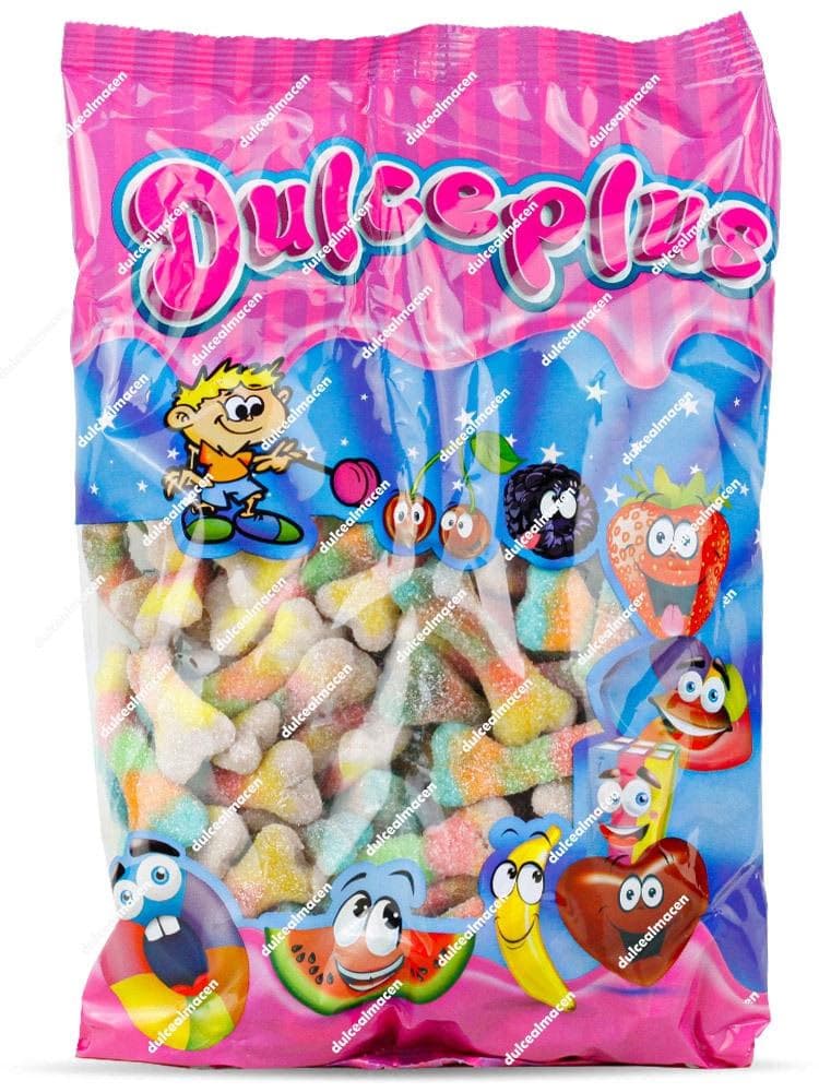 Bolsa de 1 kg de gominolas con forma de hueso multicolor y recubrimiento de azúcar ácido pica-pica de Dulceplus