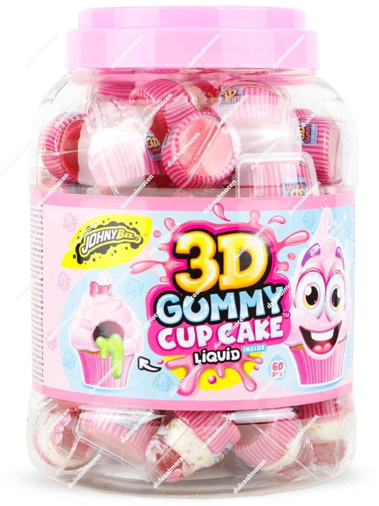 Bote transparente de 60 unidades de gominolas tridimensionales con forma de cupcake y relleno líquido de la marca Johny Bee - Dulcealmacen