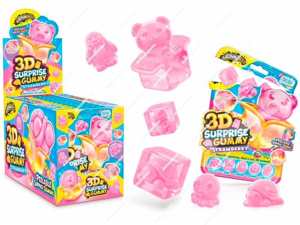 Expositor de 12 sobres de gominolas Johny Bee 3D Surprise Gummy sabor fresa con figuras de animales sorpresa - Dulcealmacen
