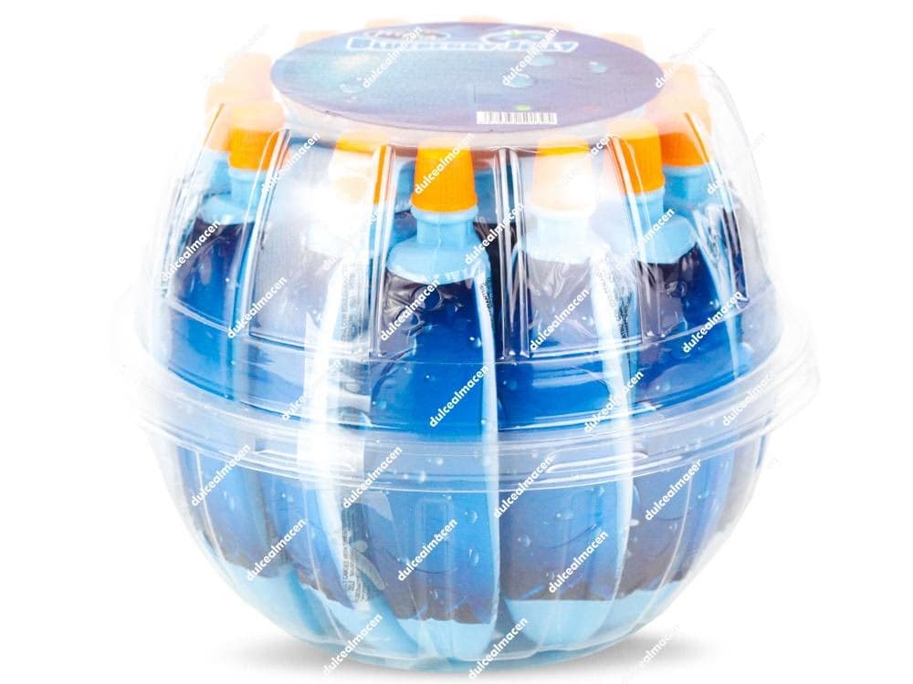 Bote expositor circular con 20 unidades de gelatina líquida Blueberry Jelly en botellitas azules - Dulcealmacen