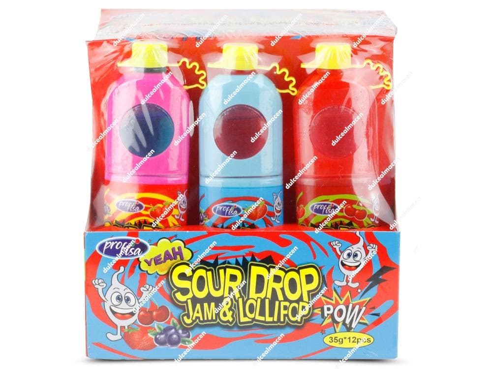 Estuche de 12 unidades de Profisa Sour Drop Jam & Lollipop con caramelos con palo y botes de gel líquido ácido - Dulcealmacen