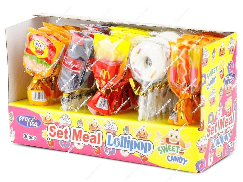 Bote expositor con 30 piruletas Profisa con formas de hamburguesa, patatas fritas y refrescos - Dulcealmacen