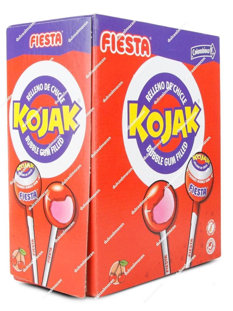 Caja expositora roja de 100 unidades de caramelos con palo Fiesta Kojak sabor cereza relleno de chicle - Dulcealmacen