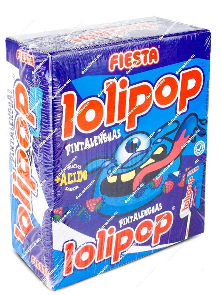 Caja de 100 unidades de caramelos con palo Fiesta Lolipop Pintalenguas que tiñen la lengua de azul - Dulcealmacen