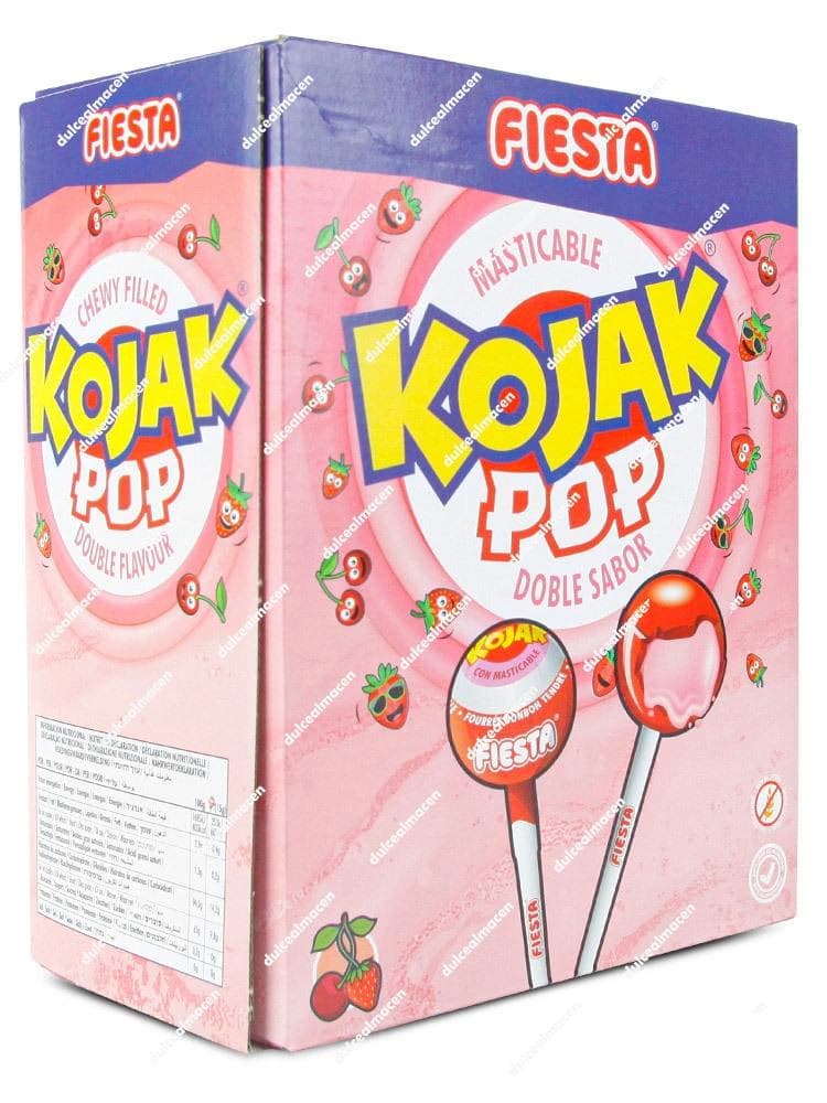 Caja expositora de 100 unidades de caramelos con palo Fiesta Koyak sabor cereza relleno de chicle - Dulcealmacen