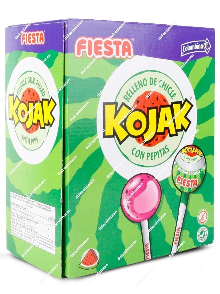 Caja expositora de 100 unidades de caramelos con palo Fiesta Koyak sabor sandía con chicle - Dulcealmacen