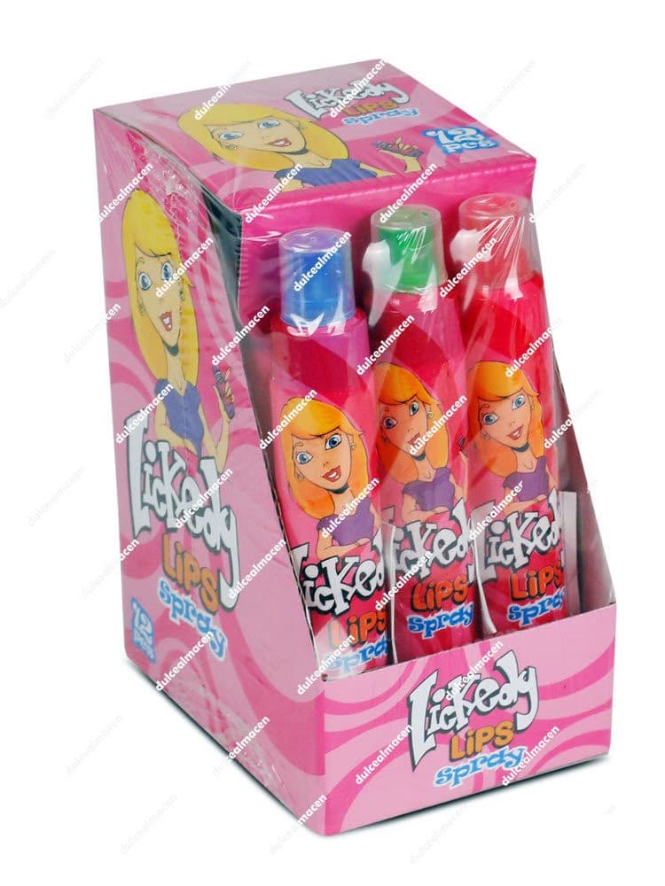 Caja expositora de botes de caramelo liquido en spray superacido Johny Bee Lickedy Lips Spray 12 uds de Dulcealmacen