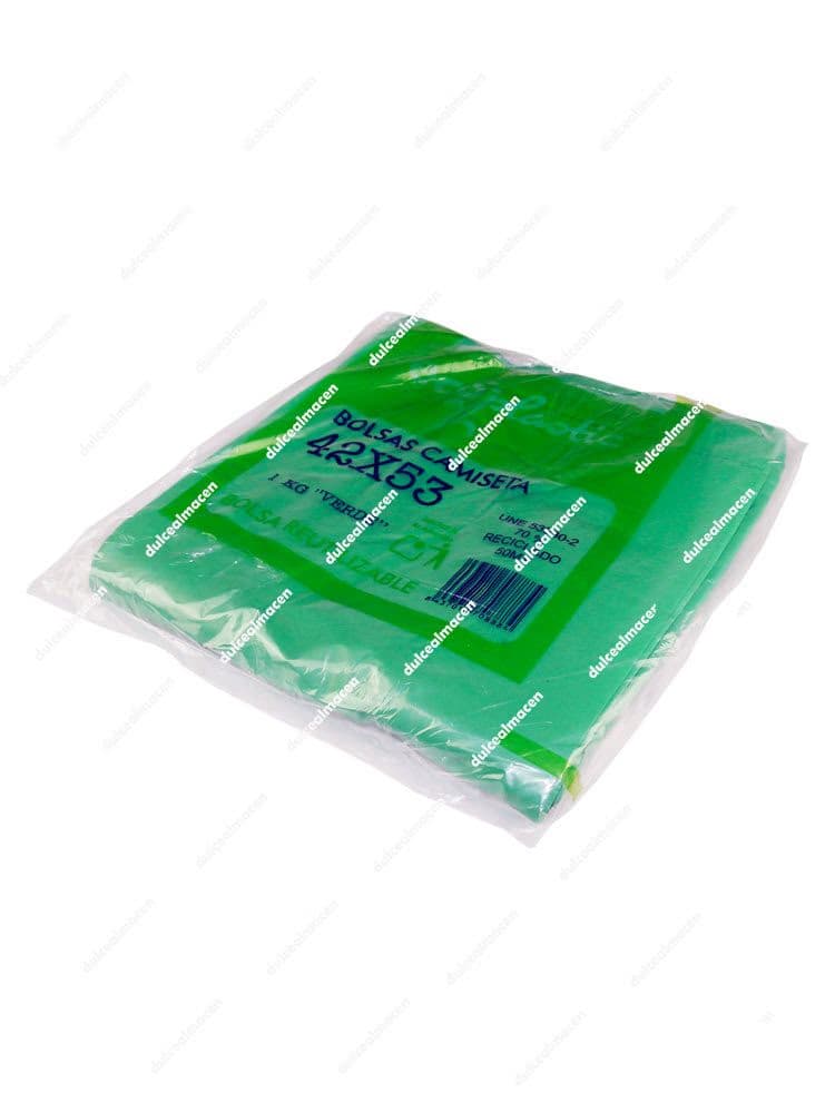 Paquete de un kilo de bolsa asas eco verdes de tamaño 42 x 53 cm plegadas de tipo camiseta para comercios de Dulcealmacen