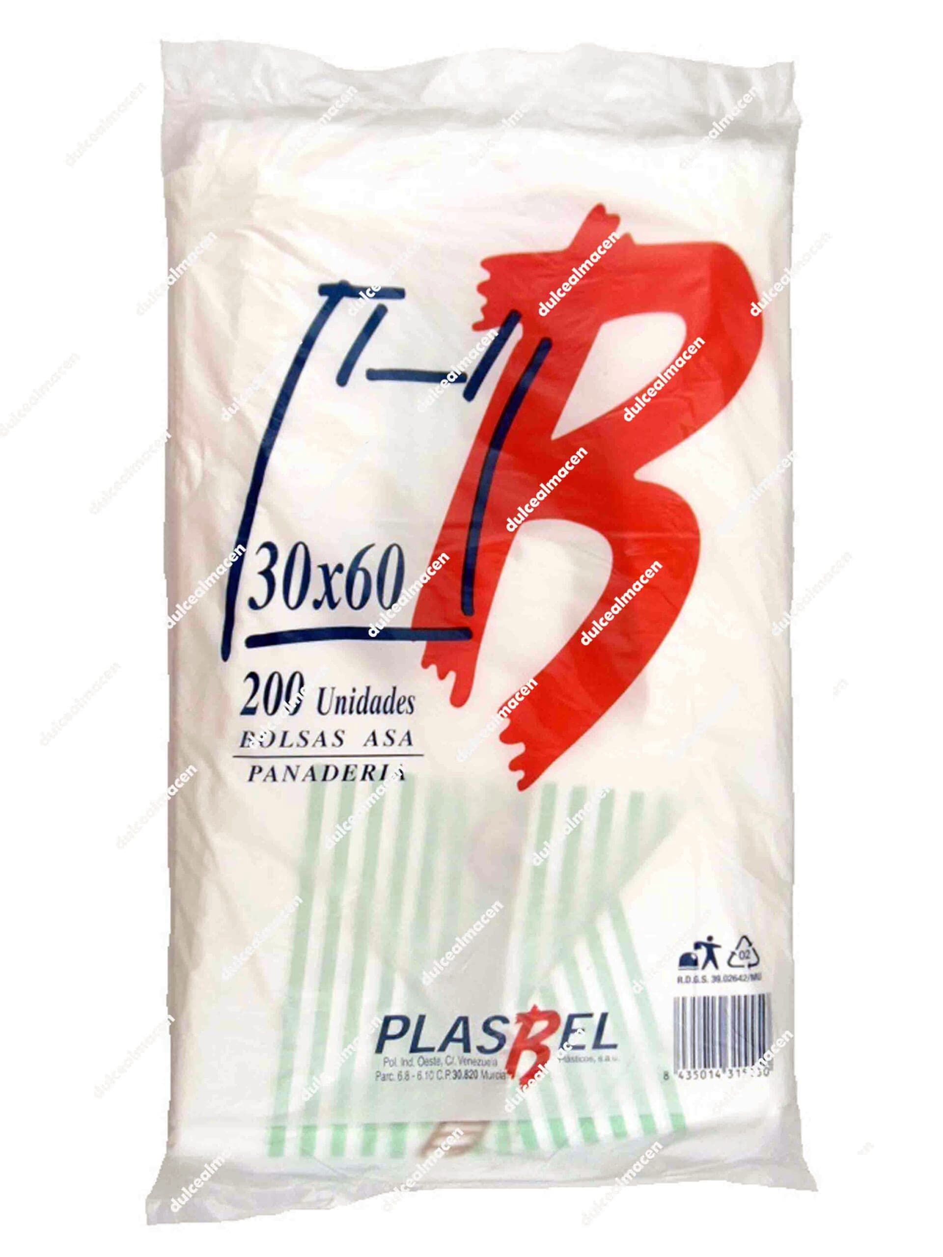 Paquete de 200 unidades de bolsa para pan 30 x 60 cm de tipo camiseta con asas marca Plasbel - Dulcealmacen