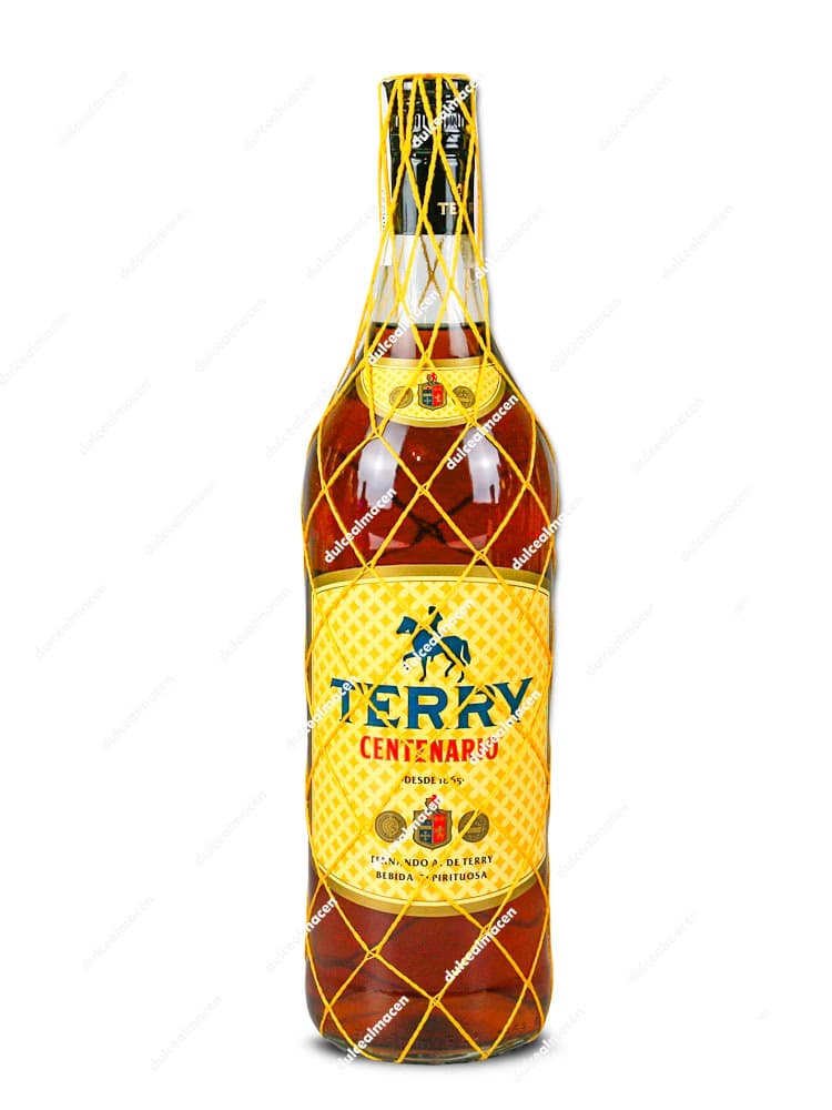 Botella de Brandy Terry Centenario 1 L con malla amarilla en Dulcealmacen