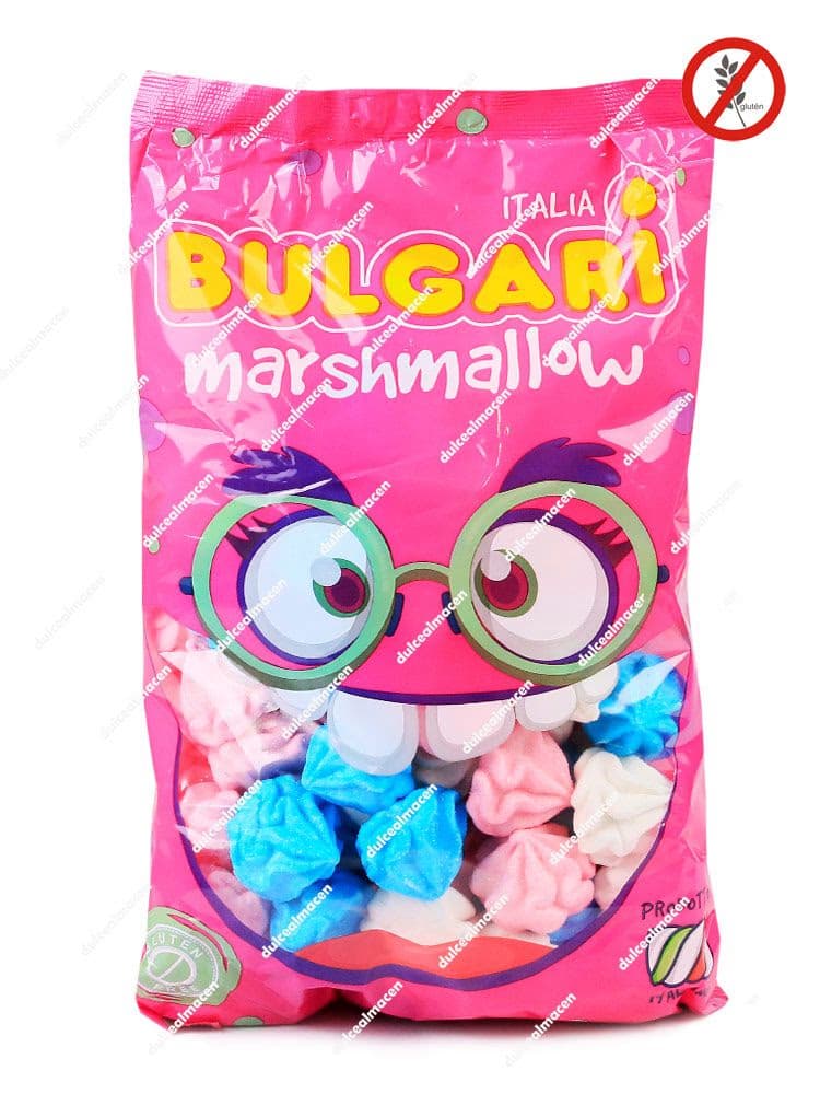 Bolsa rosa de Bulgari Marshmallow mostrando las nubes en espiral bicolores surtidas y sello de Sin Gluten - Dulcealmacen