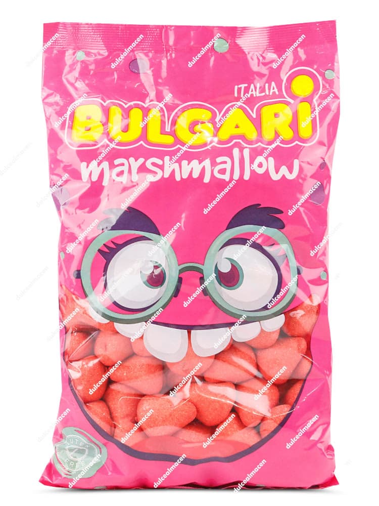 Bolsa de nubes Bulgari Marshmallow mostrando las frambuesas rojas con forma de fruta y sellos de Sin Gluten, Sin Huevo y Sin Leche - Dulcealmacen