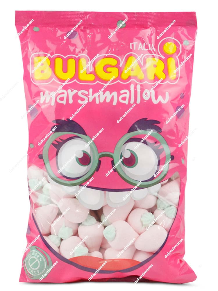 Bolsa rosa de Bulgari Marshmallow mostrando las nubes con forma de fresas rosa y verde, con sello de Sin Gluten - Dulcealmacen