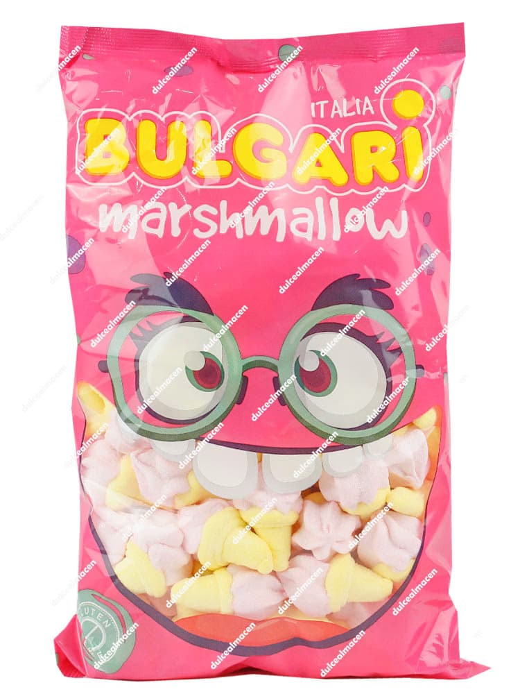 Bolsa rosa de Bulgari Marshmallow mostrando las nubes tricolores con forma de helado y sello de Sin Gluten - Dulcealmacen