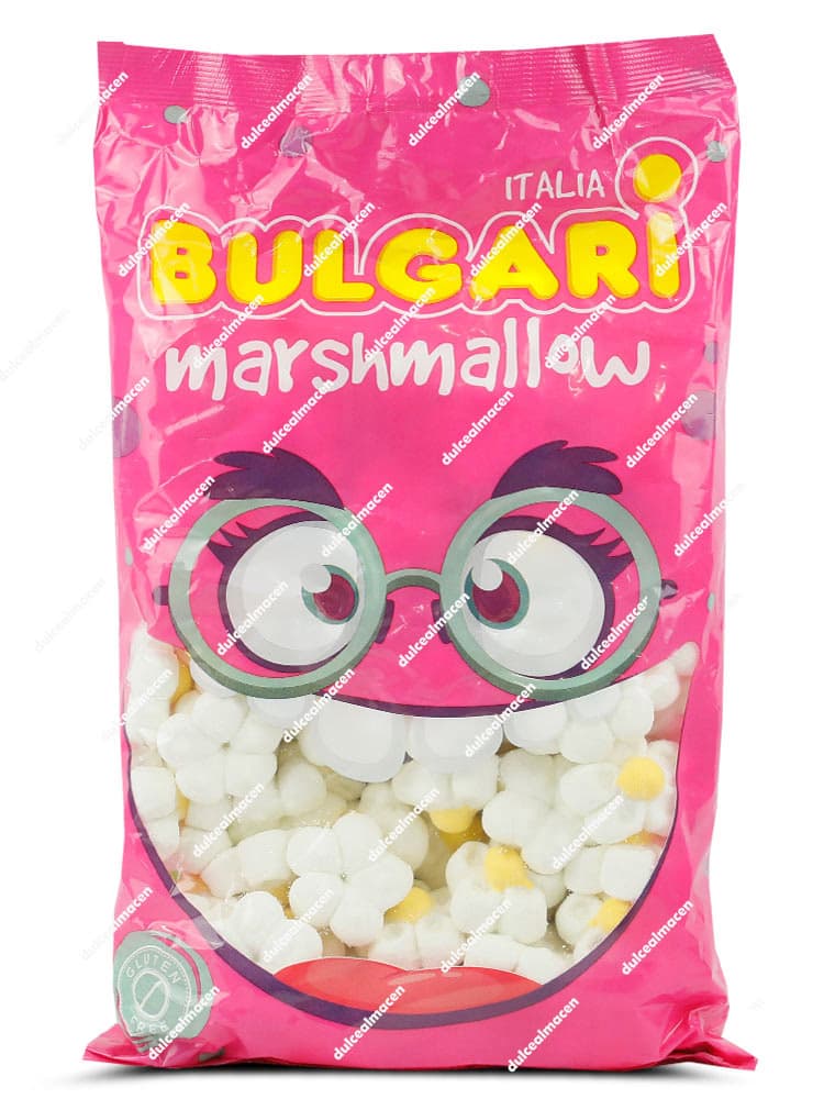 Bolsa de nubes Bulgari Marshmallow mostrando las margaritas blancas con centro amarillo en forma de flor, con sello de Sin Gluten - Dulcealmacen
