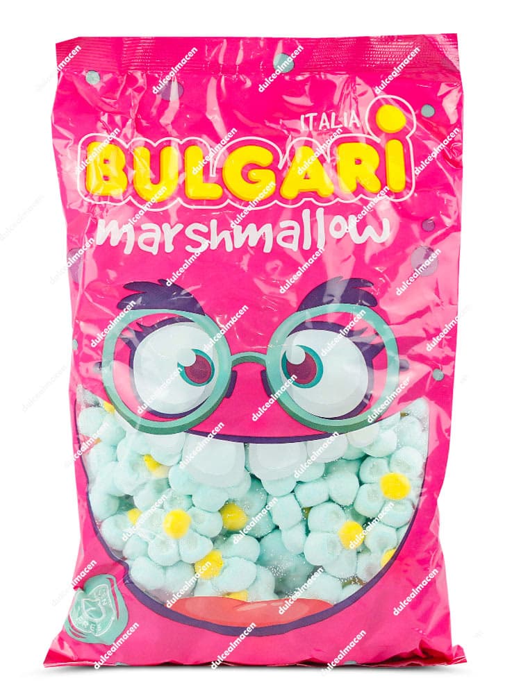 Bolsa de nubes Bulgari Marshmallow mostrando las margaritas azules y blancas con forma de flor, con sellos de Sin Gluten, Sin Huevo y Sin Leche - Dulcealmacen