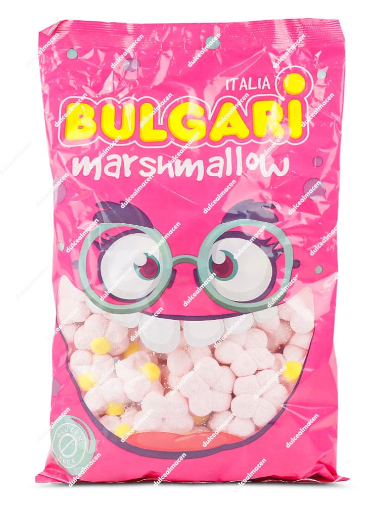 Bolsa de nubes Bulgari Marshmallow mostrando las margaritas rosas y amarillas con forma de flor, con sello de Sin Gluten y Sin Huevo - Dulcealmacen