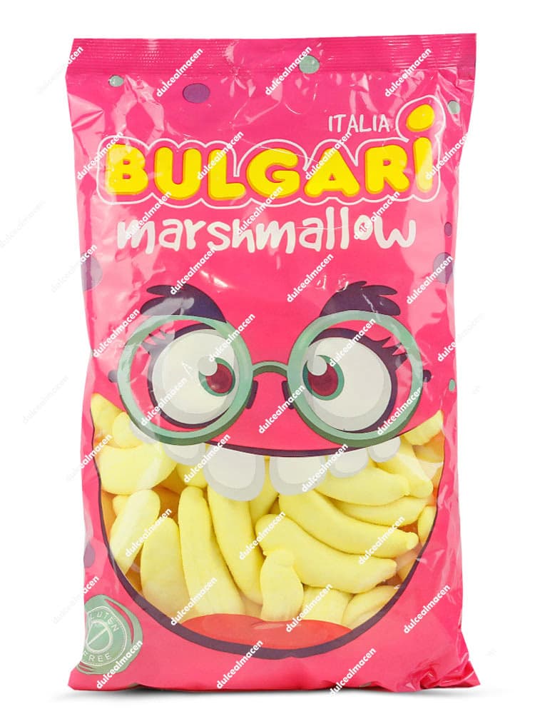 Bolsa de nubes Bulgari Marshmallow mostrando los plátanos amarillos, con sellos de Sin Gluten, Sin Huevo y Sin Leche - Dulcealmacen