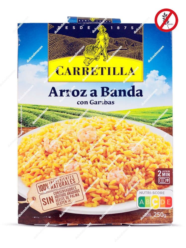 Envío de plato preparado Carretilla Arroz a Banda de 250g con calamar, destacando los sellos de sin conservantes y sin gluten - Dulcealmacen