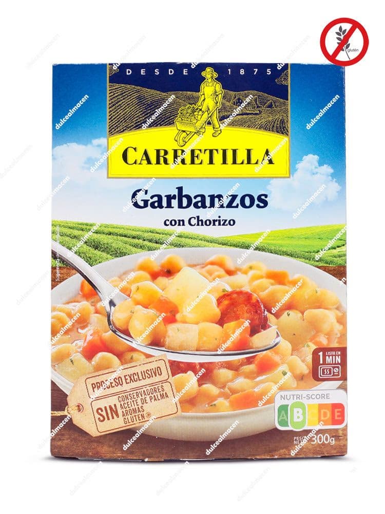 Envase de 300 g de Garbanzos con Chorizo Carretilla, destacando sellos de sin gluten, sin conservantes y Nutri-Score A - Dulcealmacen