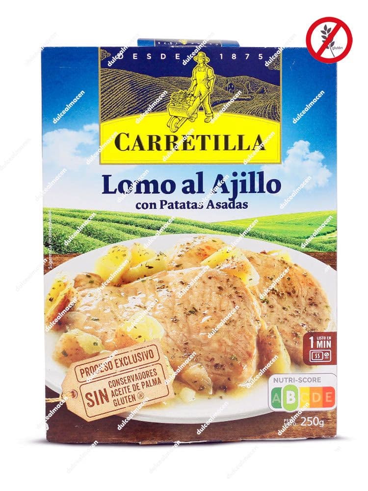 Envase de 250g de Lomo con Patatas Carretilla mostrando el plato terminado con sellos de sin conservantes y sin gluten - Dulcealmacen