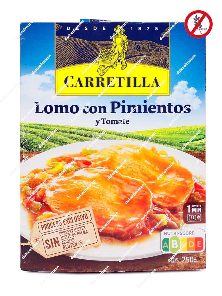 Envase de Lomo con Pimientos y Tomate Carretilla Plato Listo de 250g, sin gluten, sin conservantes y con Nutri-Score B - Dulcealmacen