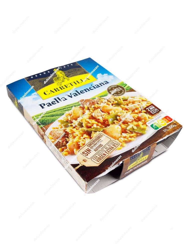 Envase de Paella Valenciana Carretilla Plato Listo de 300g, elaborado con aceite de oliva virgen extra y sin gluten - Dulcealmacen