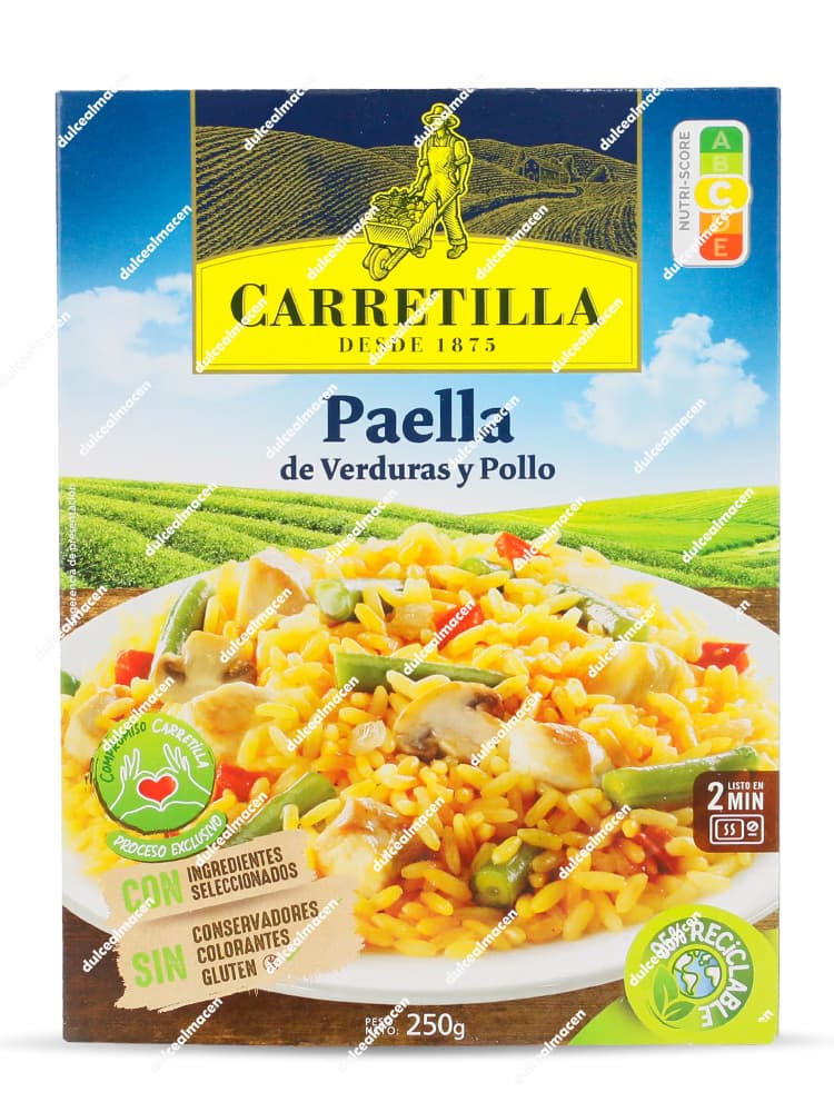 Envase de Paella de Verduras y Pollo Carretilla Plato Listo de 250g, Nutri-Score A, sin gluten y envase reciclable - Dulcealmacen