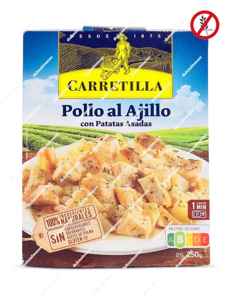 Envase de Pollo al Ajillo con Patatas Asadas Carretilla Plato Listo de 250g, Nutri-Score A y sin gluten - Dulcealmacen
