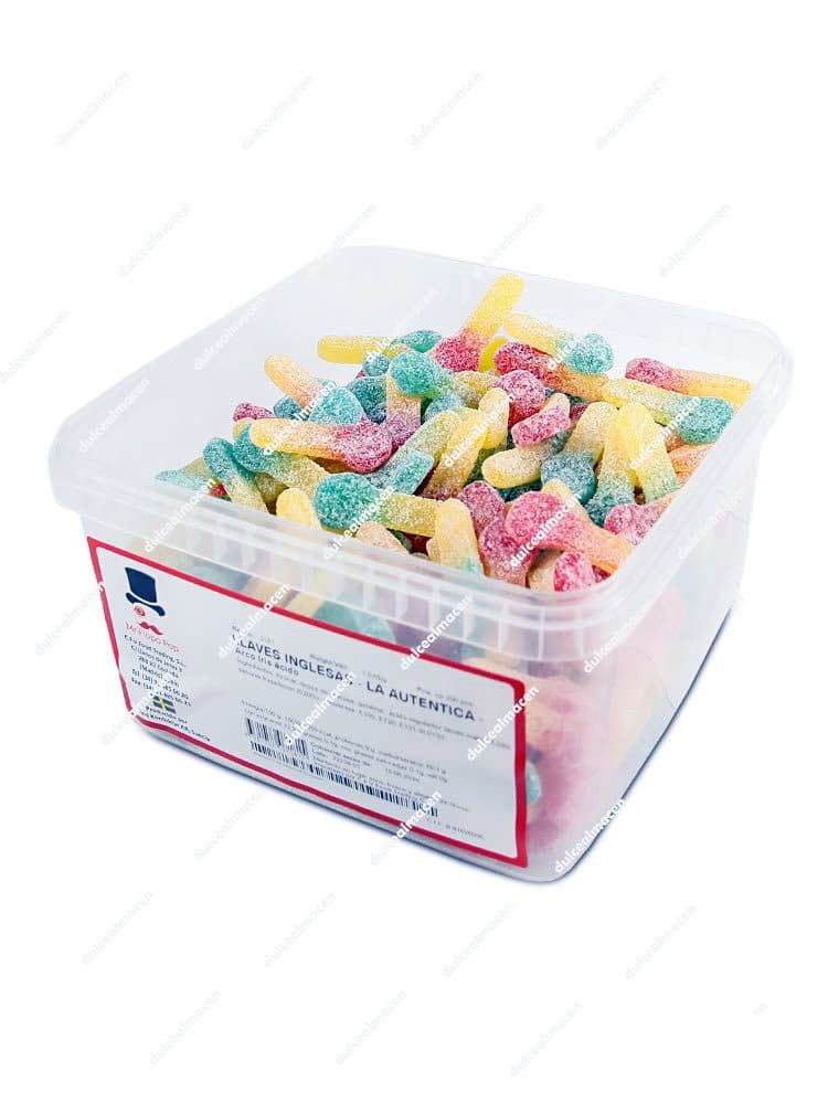 Tarro expositor de 290 unidades de gominolas con forma de llave surtidas en varios colores y sabores con cobertura ácida de la marca CFV - Dulcealmacen