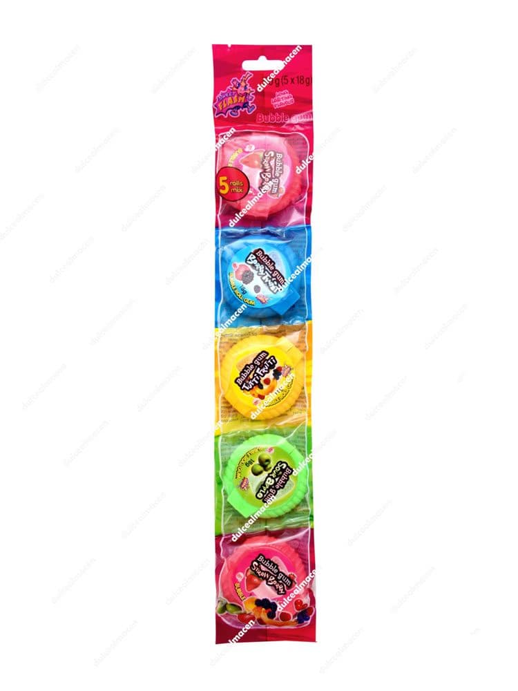 Tira vertical de plástico transparente de Agruconf 5 roll chicle kilométrico que contiene cinco dispensadores redondos de chicle enrollado en colores rosa, azul, amarillo y verde - Dulcealmacen archivo image_a3c8b0.jpg