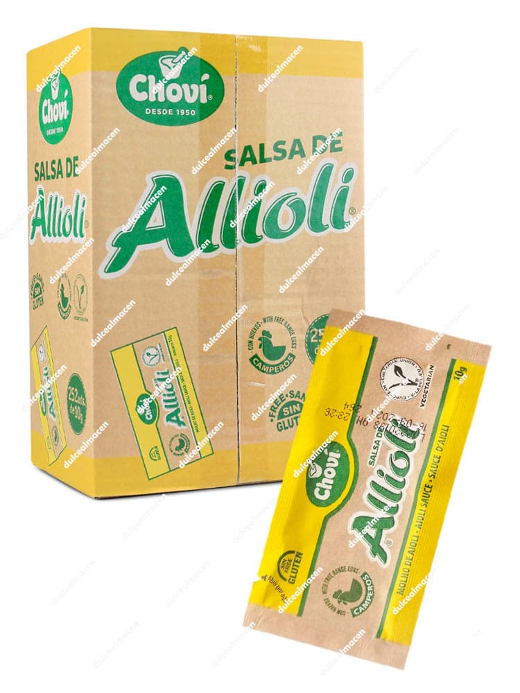 Caja de 252 sobres monodosis de 10 gramos de Salsa de Allioli Choví con huevos camperos y libre de gluten para restauración - Dulcealmacen
