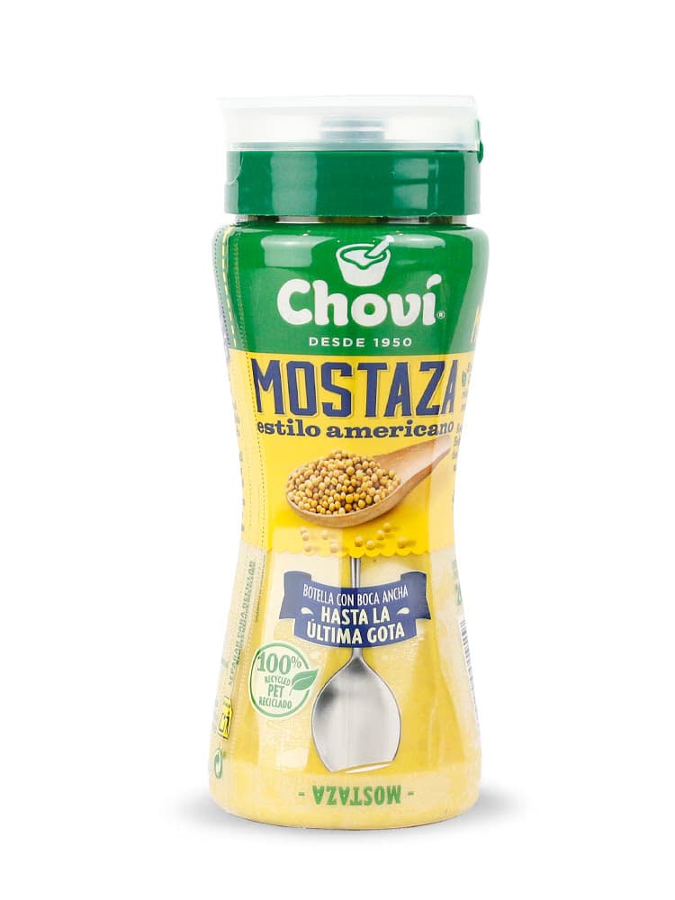 Botella ergonómica de 260 ml de Mostaza Estilo Americano Choví con boca ancha para aprovechamiento total y envase PET 100% reciclado - Dulcealmacen