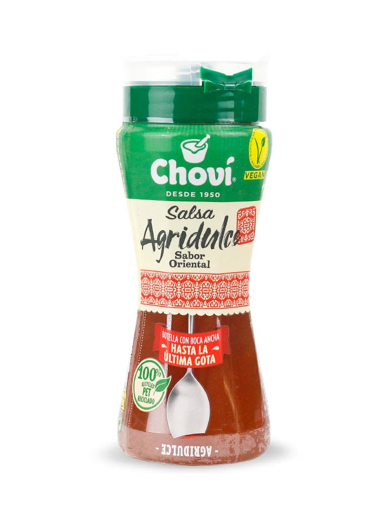 Botella ergonómica de 250 ml de Salsa Agridulce Choví con boca ancha para aprovechamiento total, producto vegano y envase PET 100% reciclado - Dulcealmacen