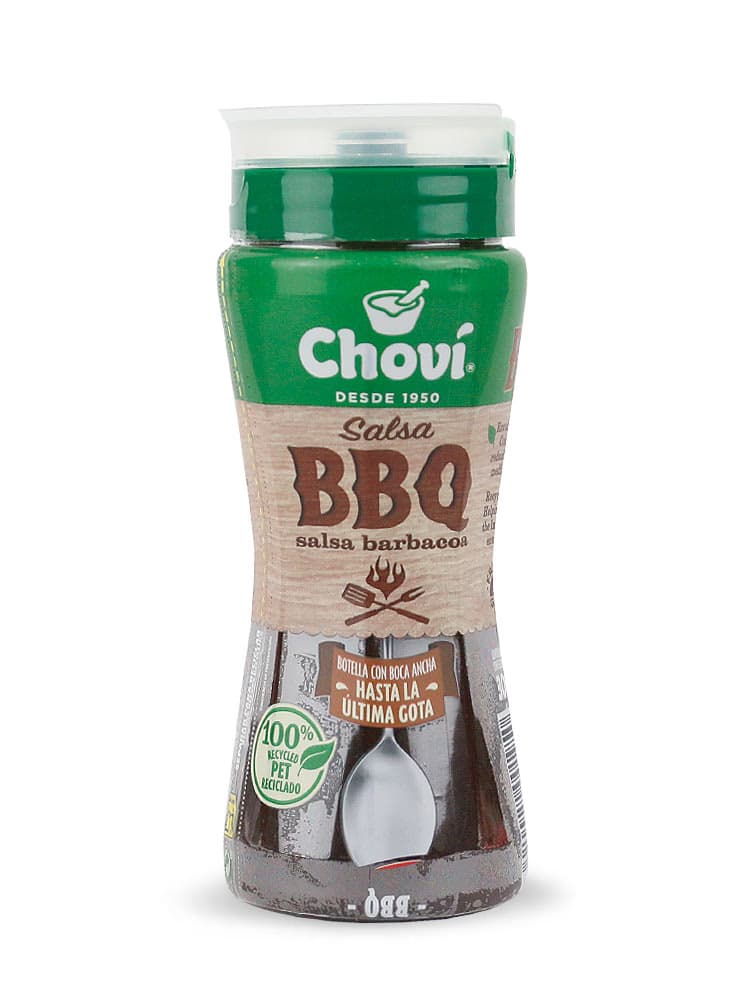 Botella ergonómica de 300 ml de Salsa Barbacoa BBQ Choví con boca ancha para aprovechamiento total y envase PET 100% reciclado - Dulcealmacen
