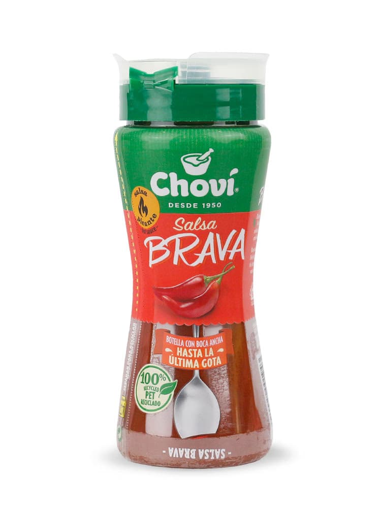 Botella ergonómica de 265 ml de Salsa Brava Choví con boca ancha para aprovechamiento total y envase PET 100% reciclado - Dulcealmacen