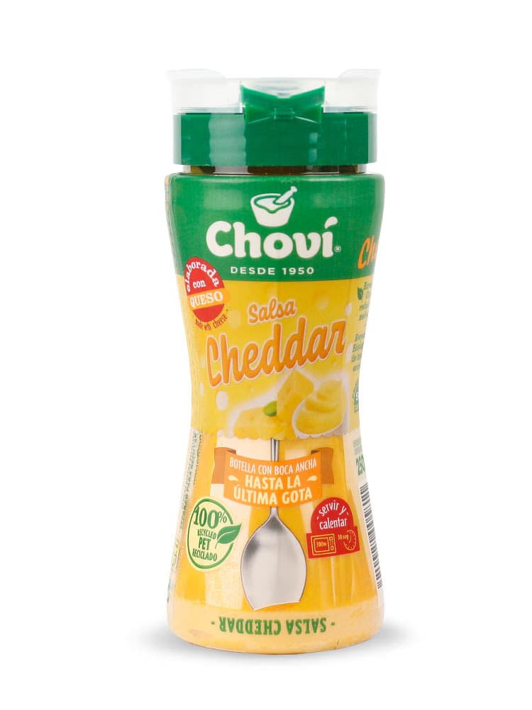 Botella ergonómica de 250 ml de Salsa Cheddar Choví con boca ancha para aprovechar todo el producto y envase apto para microondas - Dulcealmacen