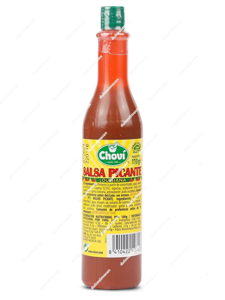 Botella de vidrio de Chovi salsa lousiana 110 gr con etiqueta amarilla y verde mostrando el color rojo vibrante de la salsa - Dulcealmacen