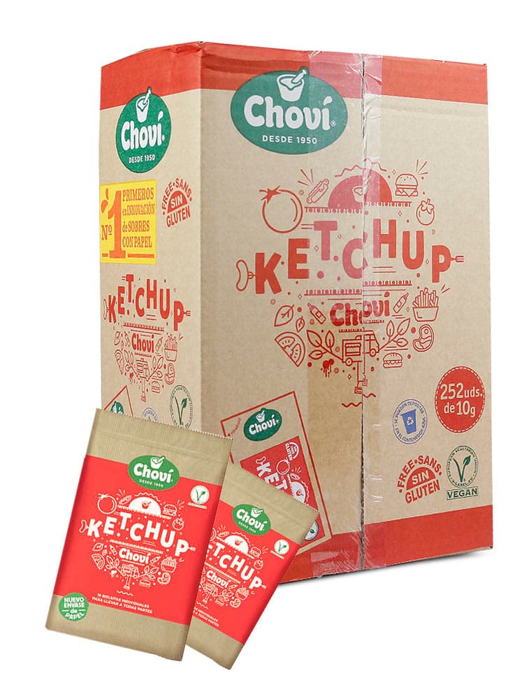 Caja profesional de 252 sobres monodosis de 10 gramos de Ketchup Choví, libre de gluten y apto para veganos para servicios de restauración - Dulcealmacen