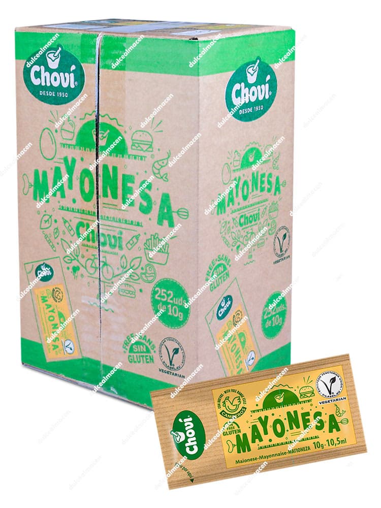 Caja profesional de 252 sobres monodosis de 10 gramos de Mayonesa Choví con sello sin gluten y vegetariano para servicios de restauración - Dulcealmacen
