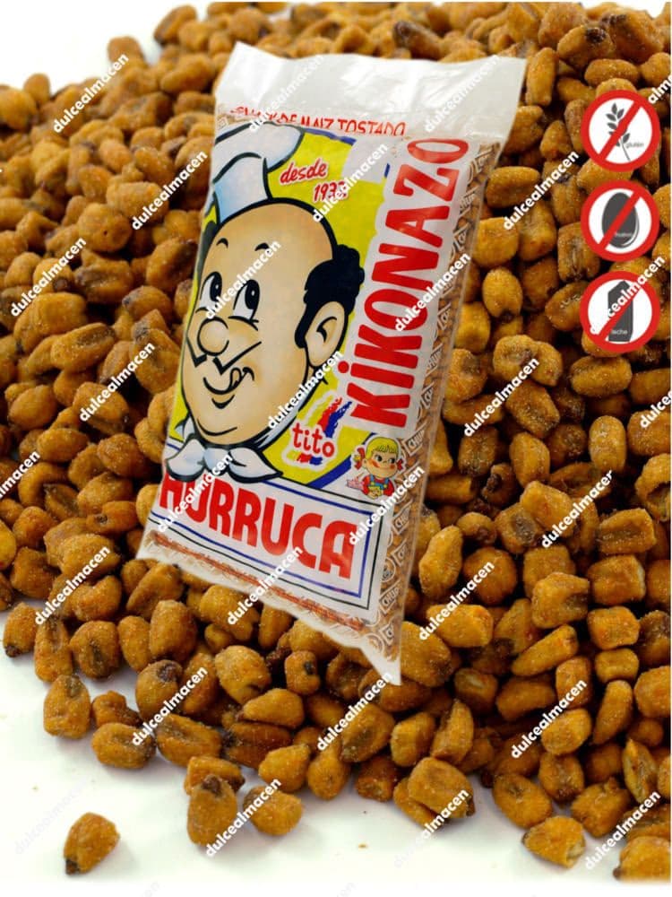 Saco de 3 kg de maíz frito gigante Churruca Kikonazo con sabor barbacoa, mostrando los sellos de sin gluten, sin huevo y sin lactosa - Dulcealmacen