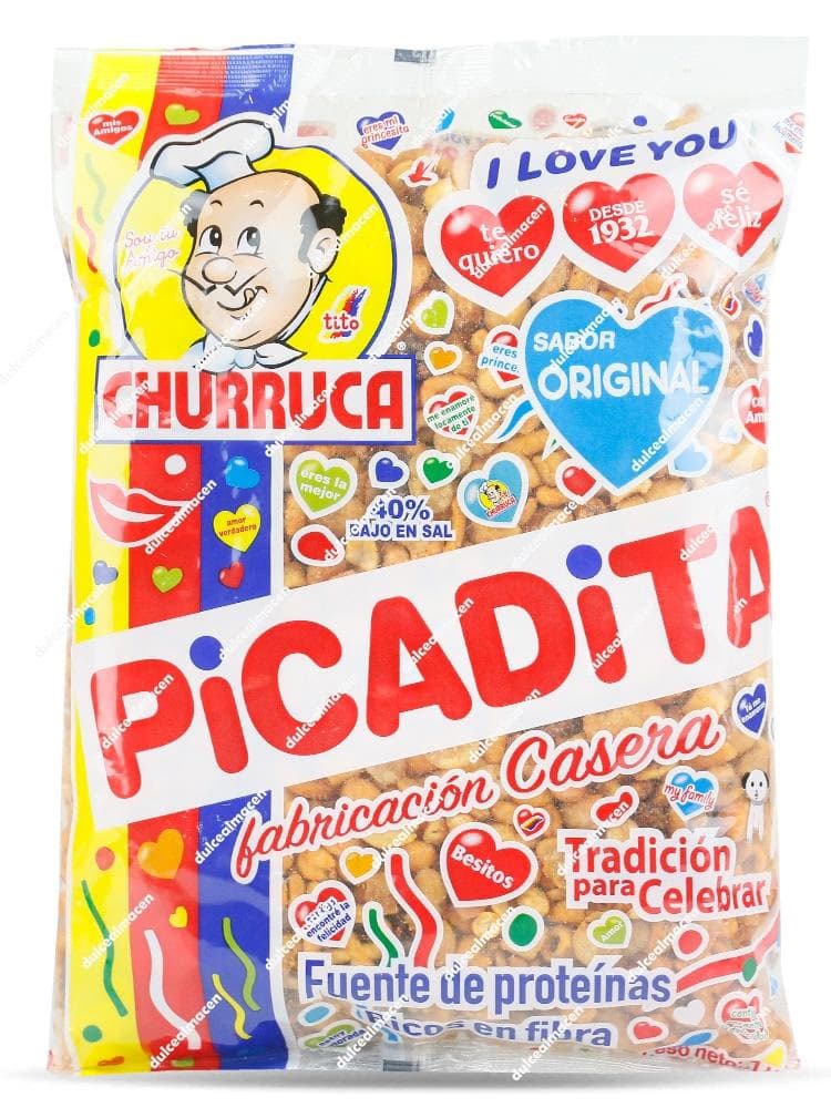 Bolsa de 1 kg de Churruca Picadita Sabor Original, con diseño festivo de corazones, el logotipo de 'Tito' y sello de 40% bajo en sal - Dulcealmacen