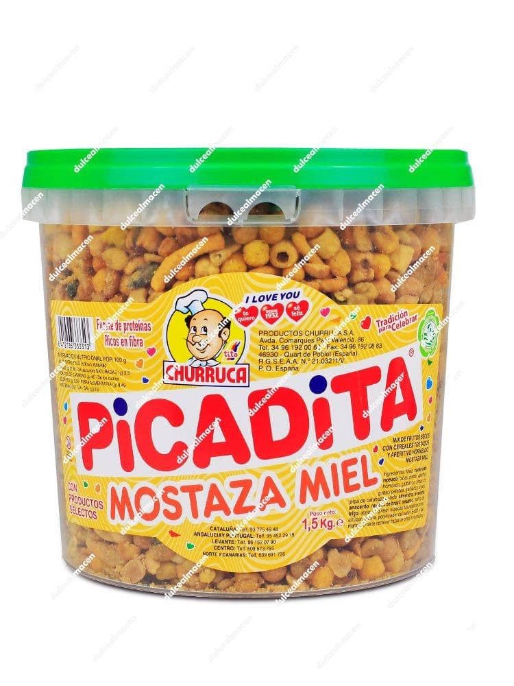 Bote de 1,5 kg de Picadita Churruca sabor Mostaza y Miel con tapa verde, mostrando un variado mix de frutos secos y snacks crujientes en su interior - Dulcealmacen