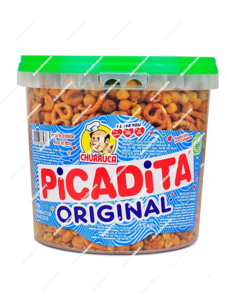 Bote de 1,5 kg de Churruca Picadita Sabor Original con tapa verde, mostrando el mix de maíz frito, snacks y frutos secos con el logotipo de Tito - Dulcealmacen