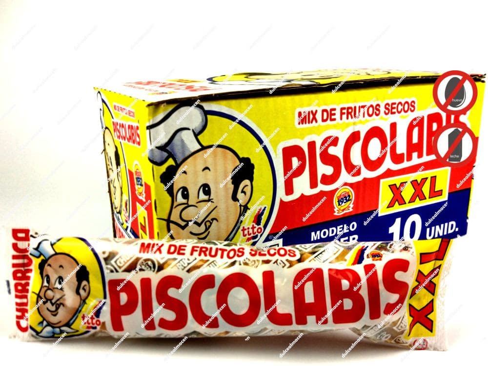 Caja amarilla de Churruca Piscolabis XXL 80 gr y bolsa individual con mix de frutos secos y snacks, incluyendo sellos de sin huevo y sin lactosa - Dulcealmacen