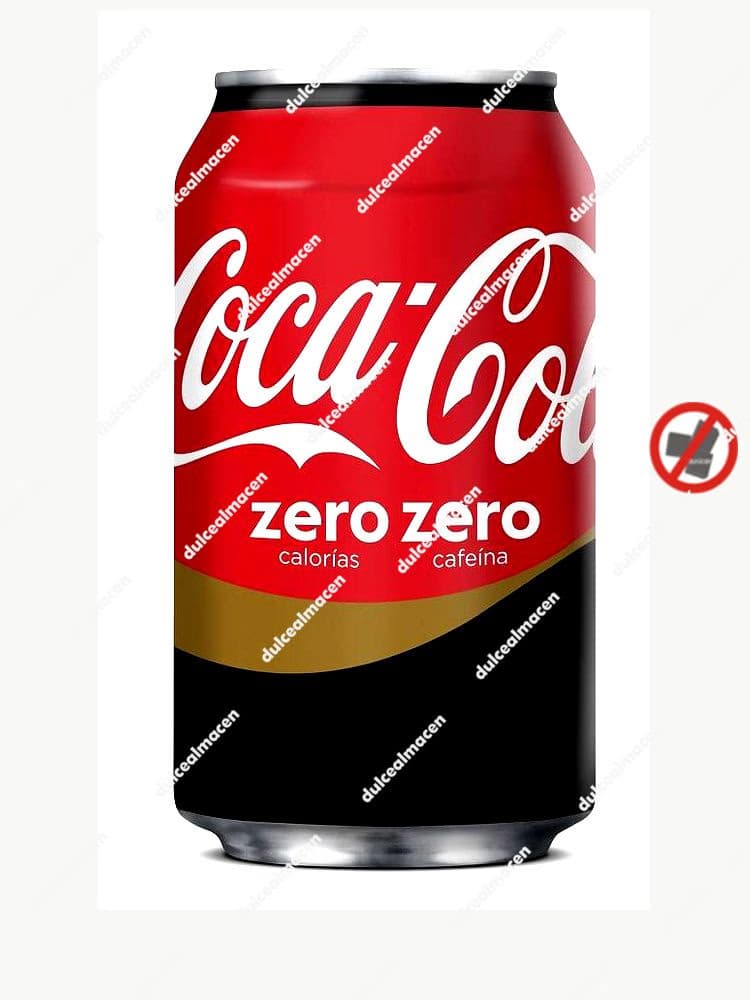 Lata de Coca-Cola Zero Zero de 33 cl con diseño rojo y negro, destacando los textos 'zero azúcar' y 'zero cafeína' - Dulcealmacen