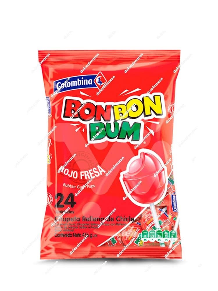 Bolsa de caramelos con palo Bon Bon Bum sabor fresa de Colombina mostrando el producto individual y el logotipo de la marca - Dulcealmacen