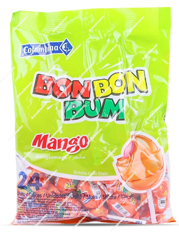 Bolsa verde de caramelos con palo Bon Bon Bum sabor mango de Colombina con ilustración del producto y logotipo - Dulcealmacen