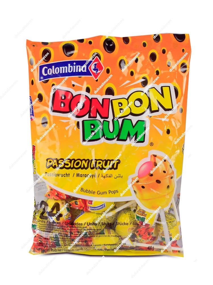 Bolsa naranja con motivos de maracuyá de caramelos con palo Bon Bon Bum sabor Passion Fruit de Colombina - Dulcealmacen